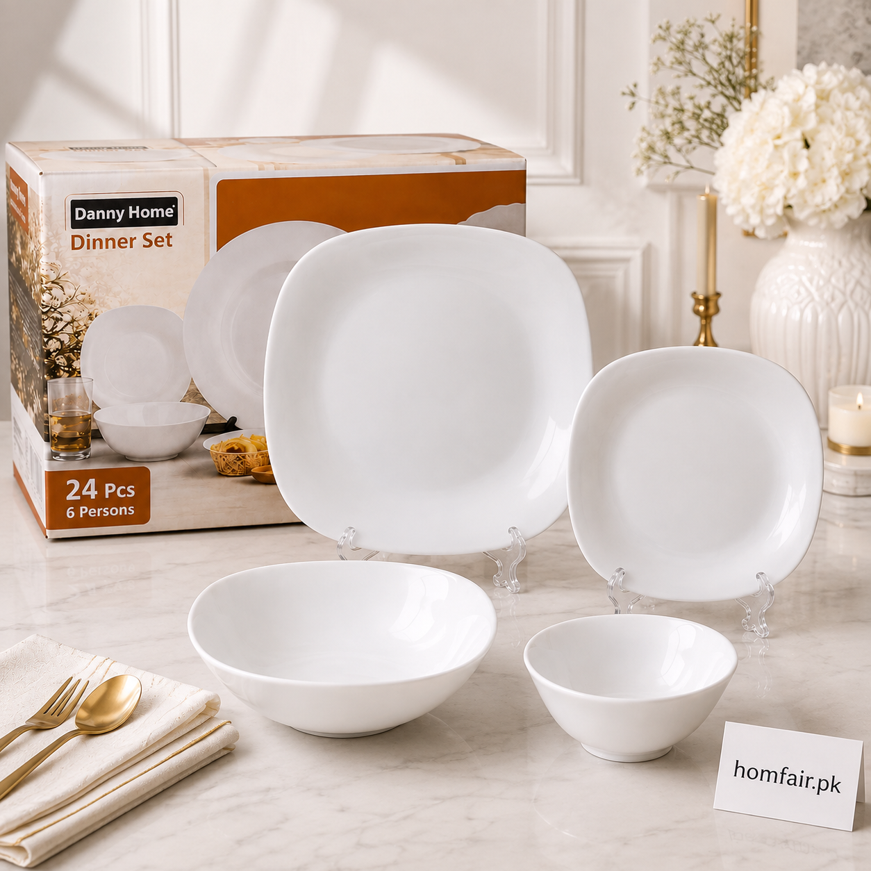 Danny Home 24pcs Modern Square White Dinner Set