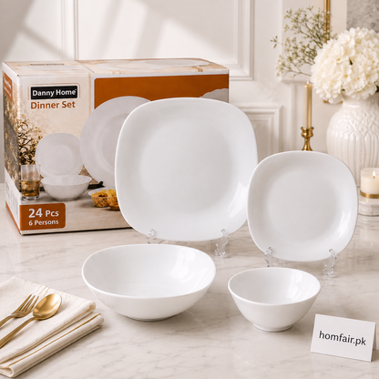 Danny Home 24pcs Modern Square White Dinner Set
