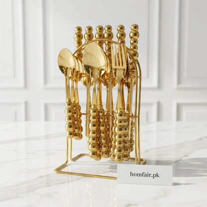 6-Person Golden Beaded Cutlery Set with Luxury Organizer Stand