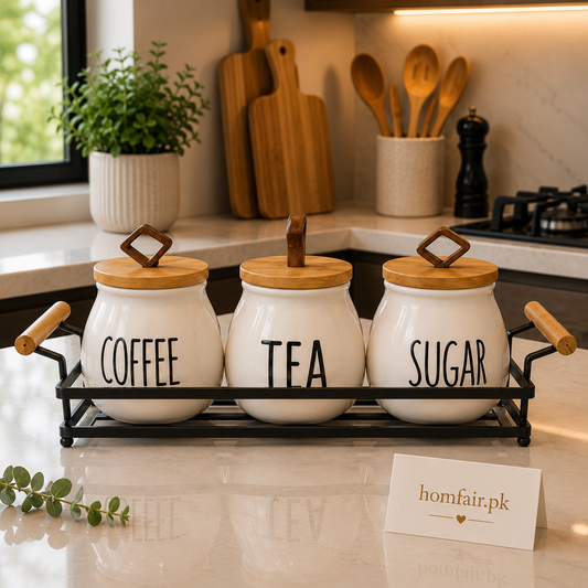 Premium Ceramic Tea, Coffee & Sugar Canister Set with Metal Serving Tray