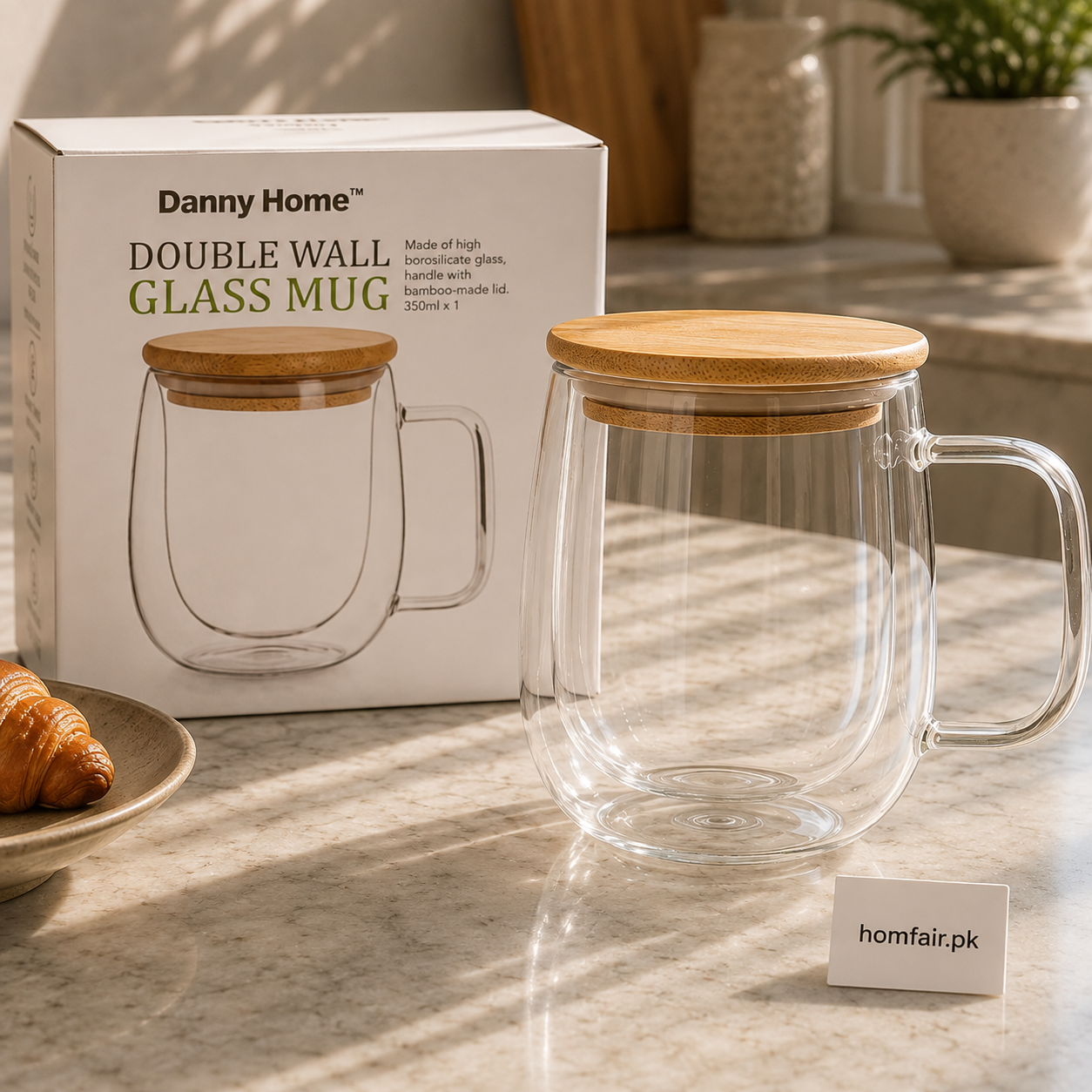 Danny Home Double Wall Glass Mug with Bamboo Lid – 350ml