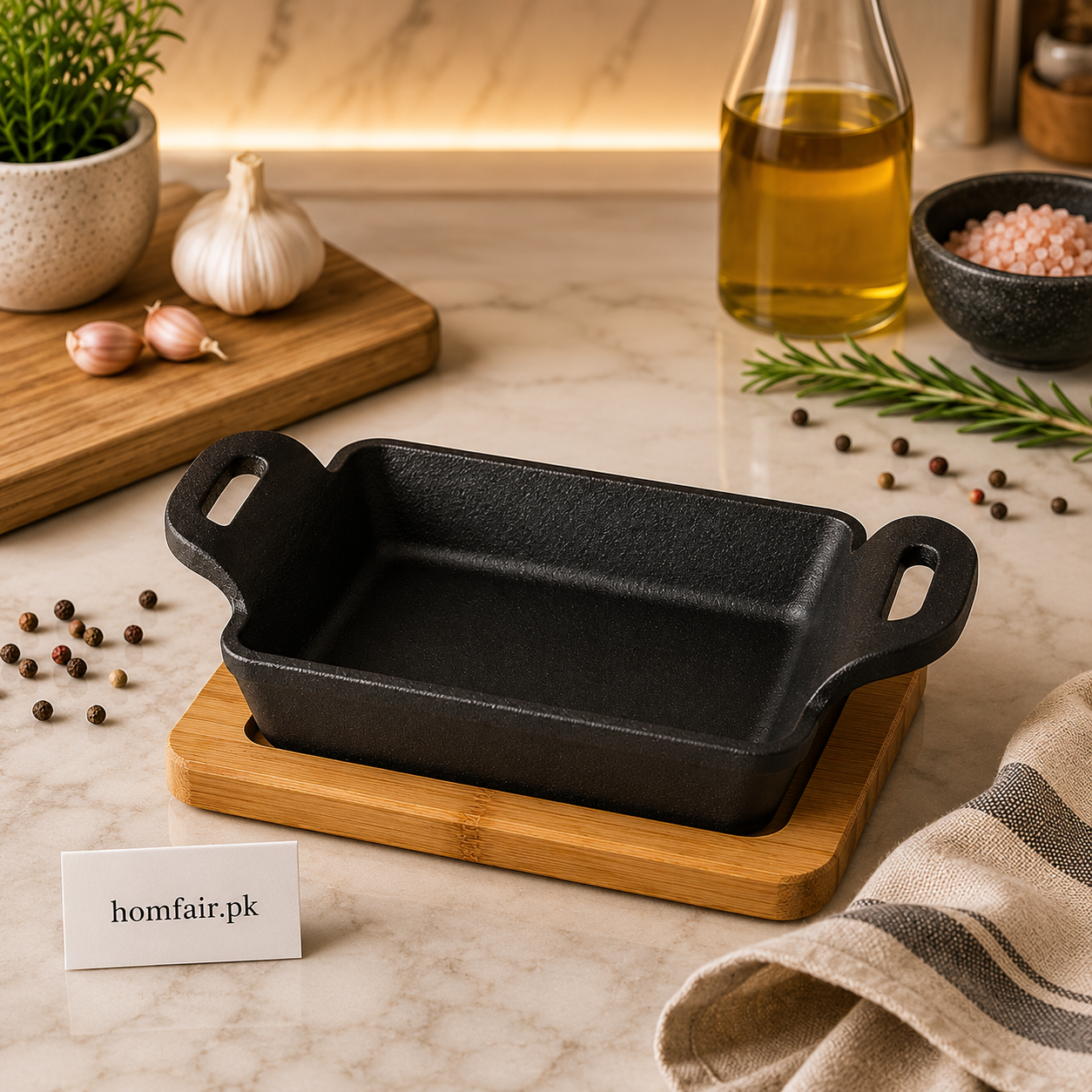 Danny Home Cast Iron Rectangular Baking Dish with Bamboo Base – 15 × 11 × 3 cm