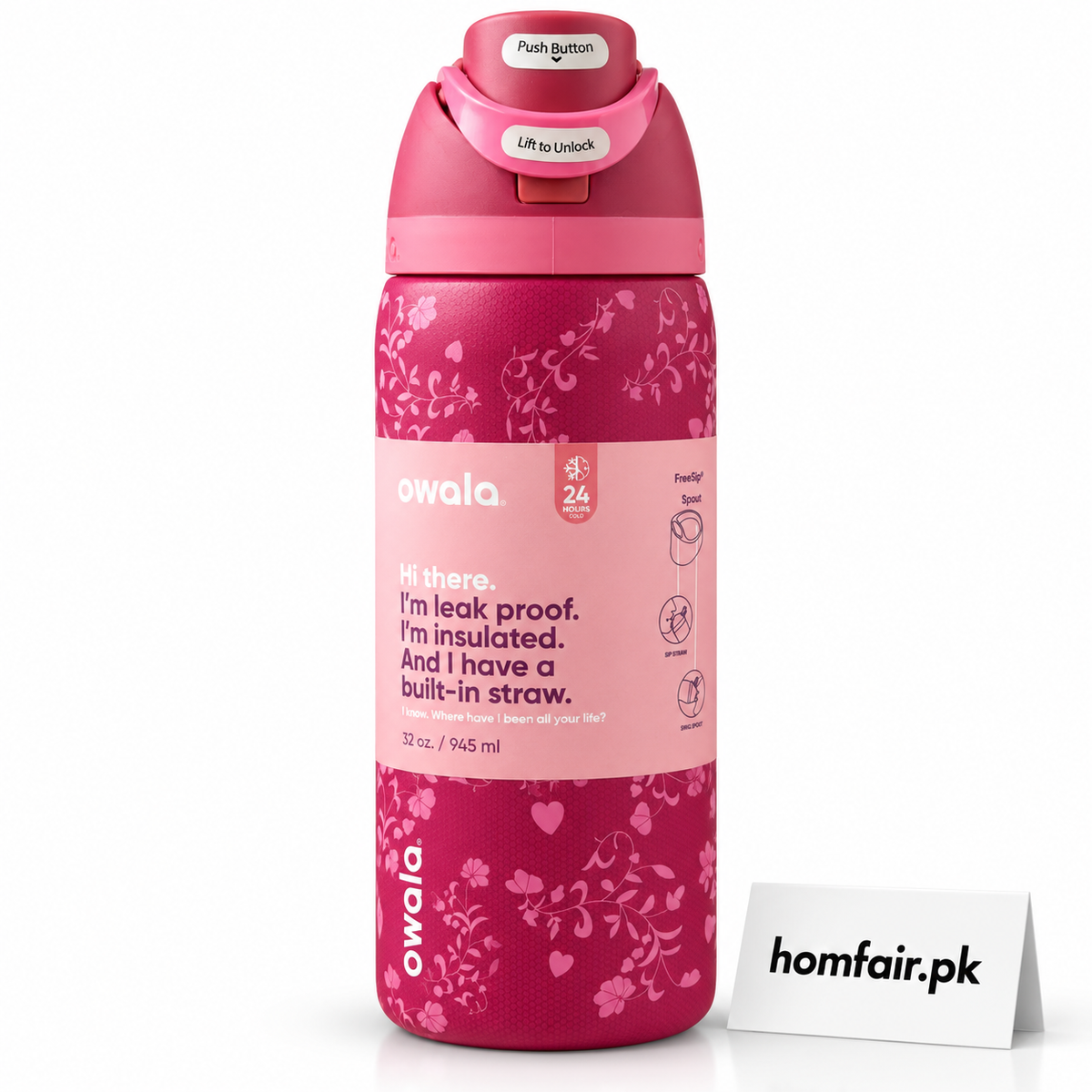 Owala FreeSip Floral Pink Insulated Water Bottle with Built-In Straw & Locking Lid