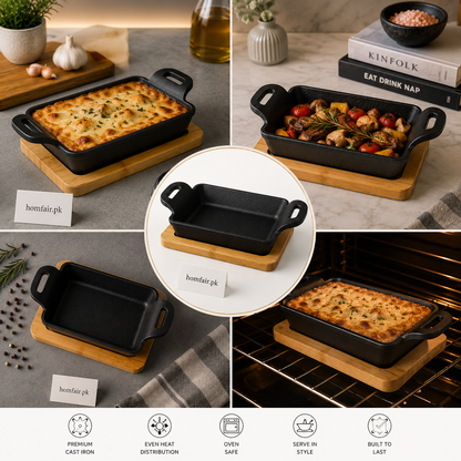 Danny Home Cast Iron Rectangular Baking Dish with Bamboo Base – 15 × 11 × 3 cm