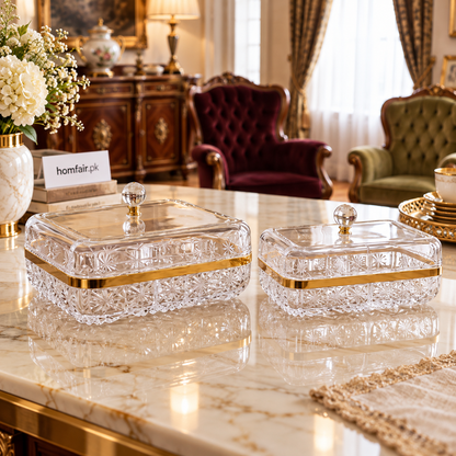 Crystal Glass Elegant Dry Fruit Serving Dish & Decorative Serving Box with Gold Rim