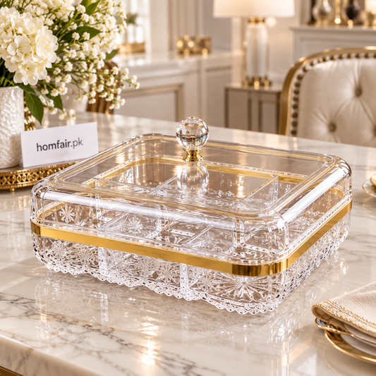 Crystal Glass Elegant Dry Fruit Serving Dish & Decorative Serving Box with Gold Rim
