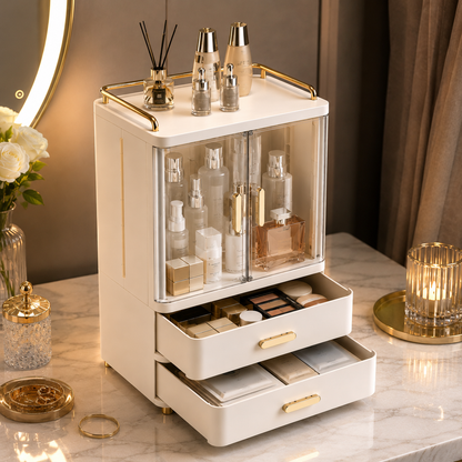 Luxury Dustproof Cosmetic Storage Organizer with Drawers & Transparent Doors