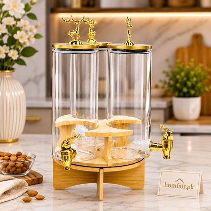 Luxury 3-Jar Glass Beverage Dispenser with Bamboo Stand & Gold Taps
