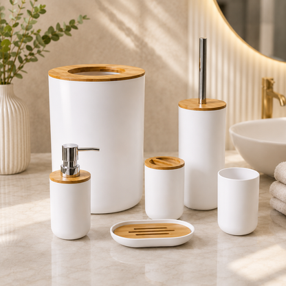 6-Piece White Bamboo Bathroom Accessories Set | Modern Bathroom Organizer Collection