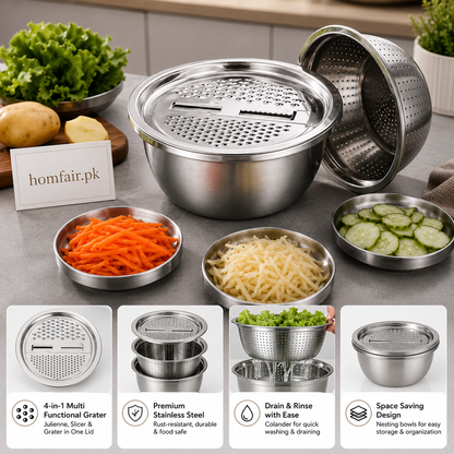 4-in-1 Stainless Steel Grater Bowl Set with Colander & Mixing Bowl