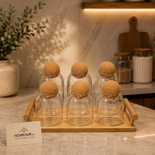 Premium Glass Spice Jar Set with Wooden Lid & Tray – 6 Piece Luxury Kitchen Organizer