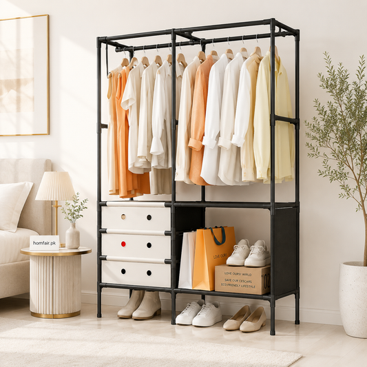 Large Open Wardrobe Rack with 2 Hanging Sections, 3 Drawers & Shoe Storage