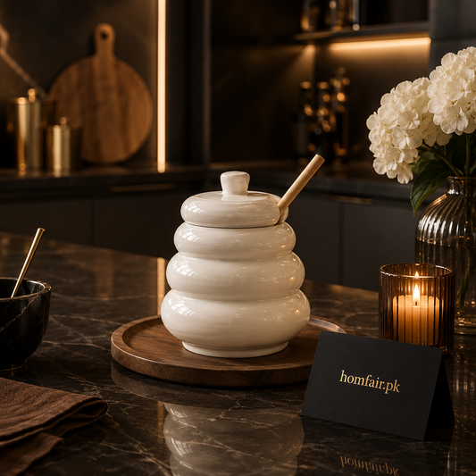 Luxury Ceramic Honey Jar with Wooden Dipper & Lid | Modern Kitchen Honey Pot