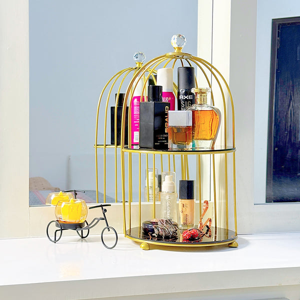 2-Tier Golden Vanity Cage Luxury Metal Organizer for Makeup Perfume & Home Decor