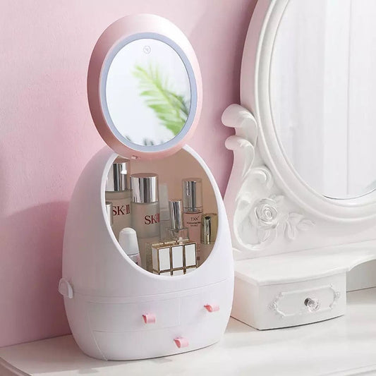 Oval Mirror Cosmetic Organizer with LED Lighted Storage & Makeup Mirror