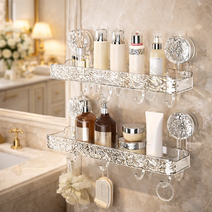 Luxury Suction Shelf With Hooks | Wall Mounted Bathroom Organizer