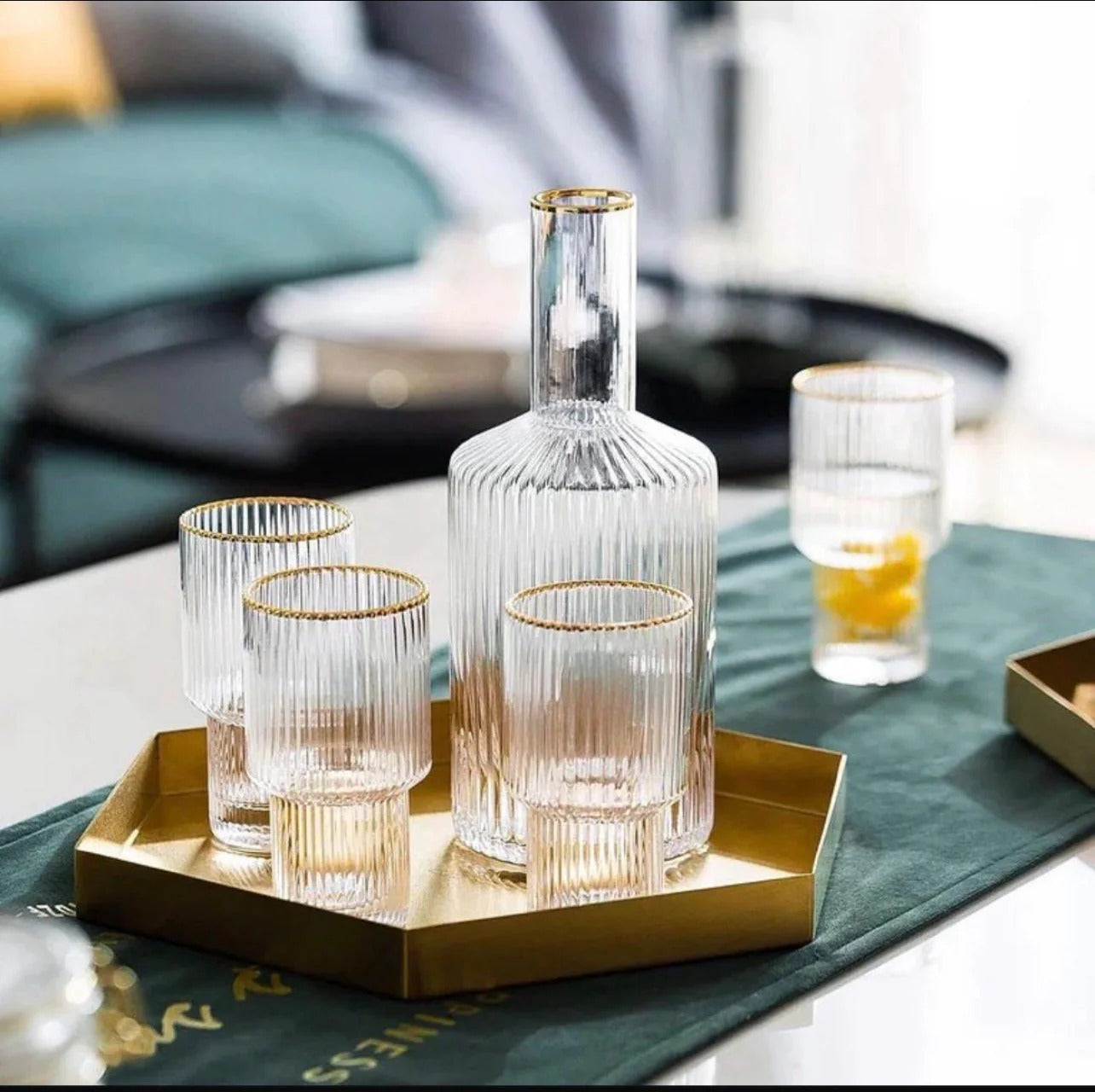 Elegant Glass Decanter Set with Gold Rim 5-Piece Luxury Drinkware Set