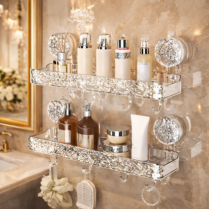 Luxury Suction Shelf With Hooks | Wall Mounted Bathroom Organizer