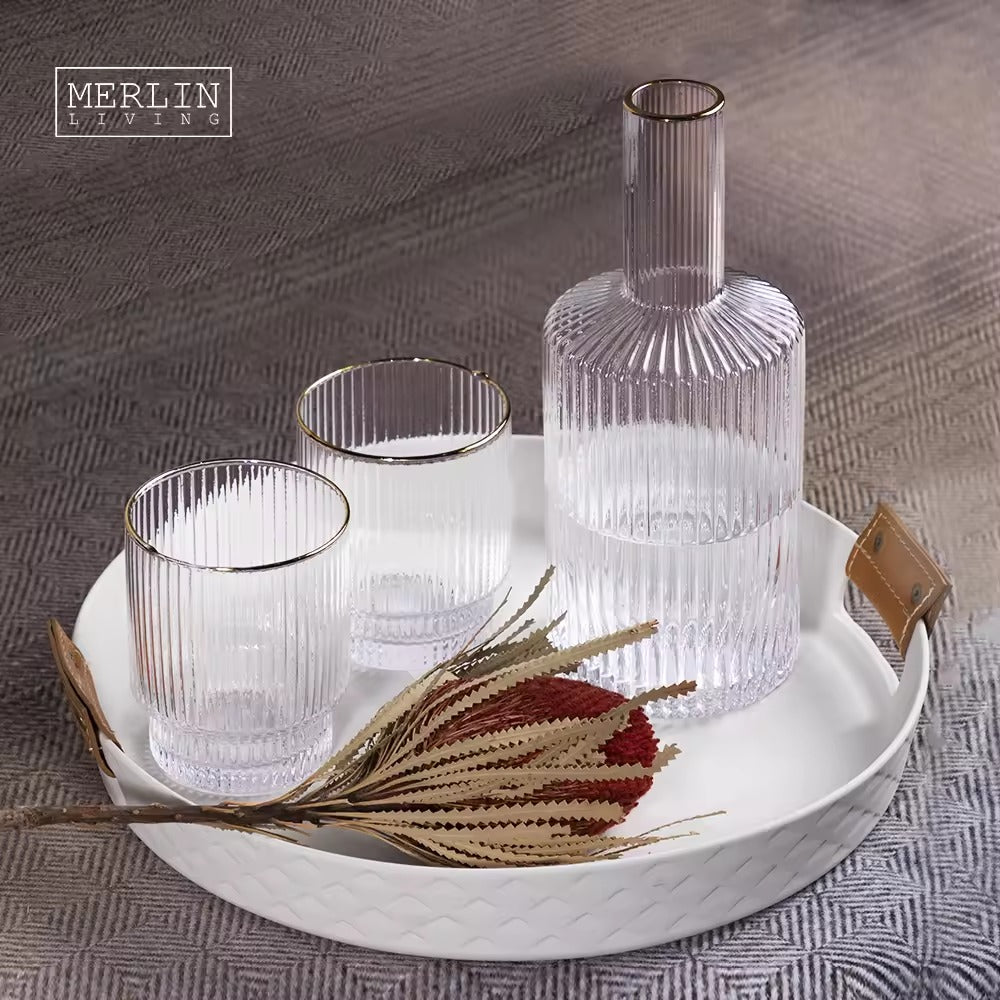 Elegant Glass Decanter Set with Gold Rim 5-Piece Luxury Drinkware Set