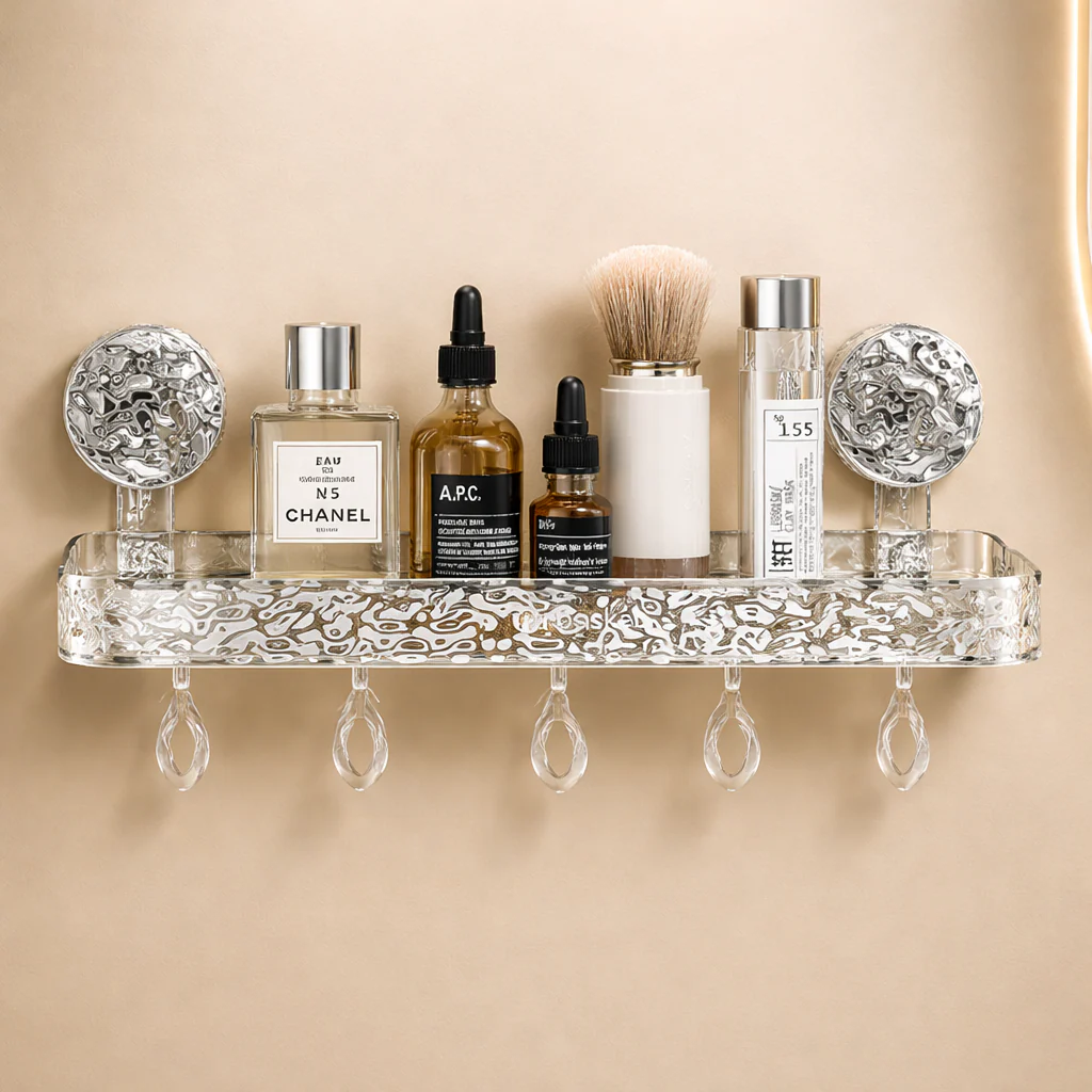 Luxury Suction Shelf With Hooks | Wall Mounted Bathroom Organizer