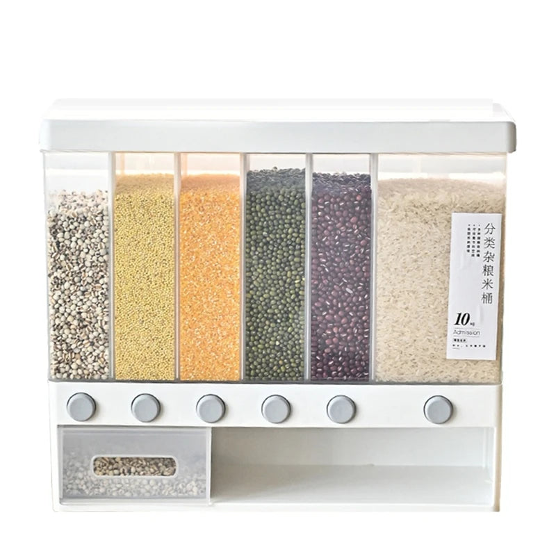 6 in 1 Rice Dispenser with Multi-Compartment Storage