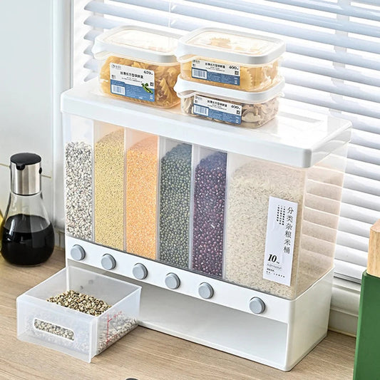 6 in 1 Rice Dispenser with Multi-Compartment Storage