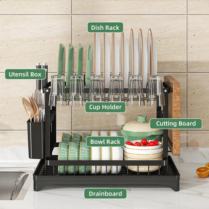 2-Tier Dish Drying Rack with Utensil Holder Space-Saving Kitchen Organizer