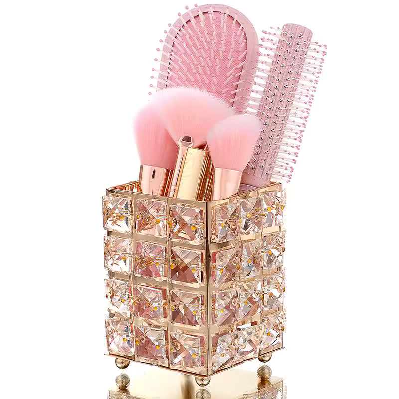 Crystal Makeup Brush & Candle Holder Elegant Desk Organizer