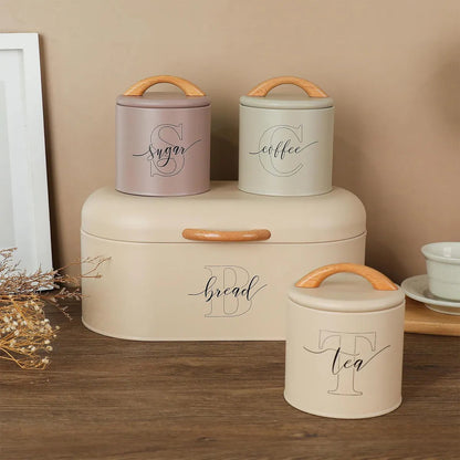 Premium Tea, Coffee, Sugar & Bread Storage Set Wooden Handle Kitchen Canisters