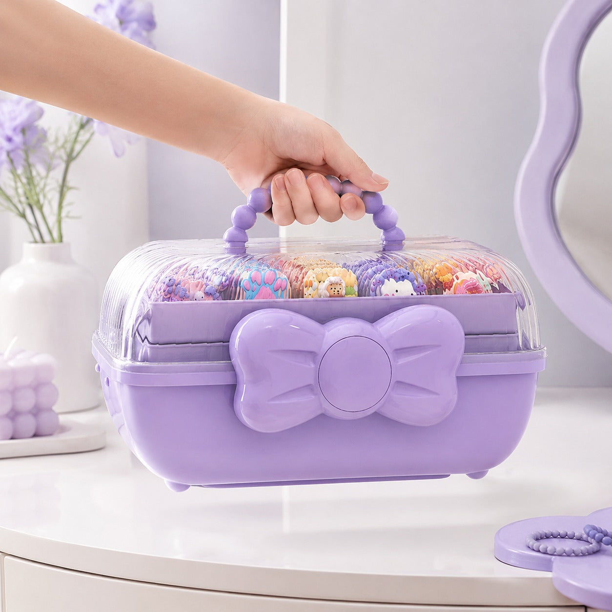 3-Tier Fold-Out Hair Accessory Organizer Box with Handle