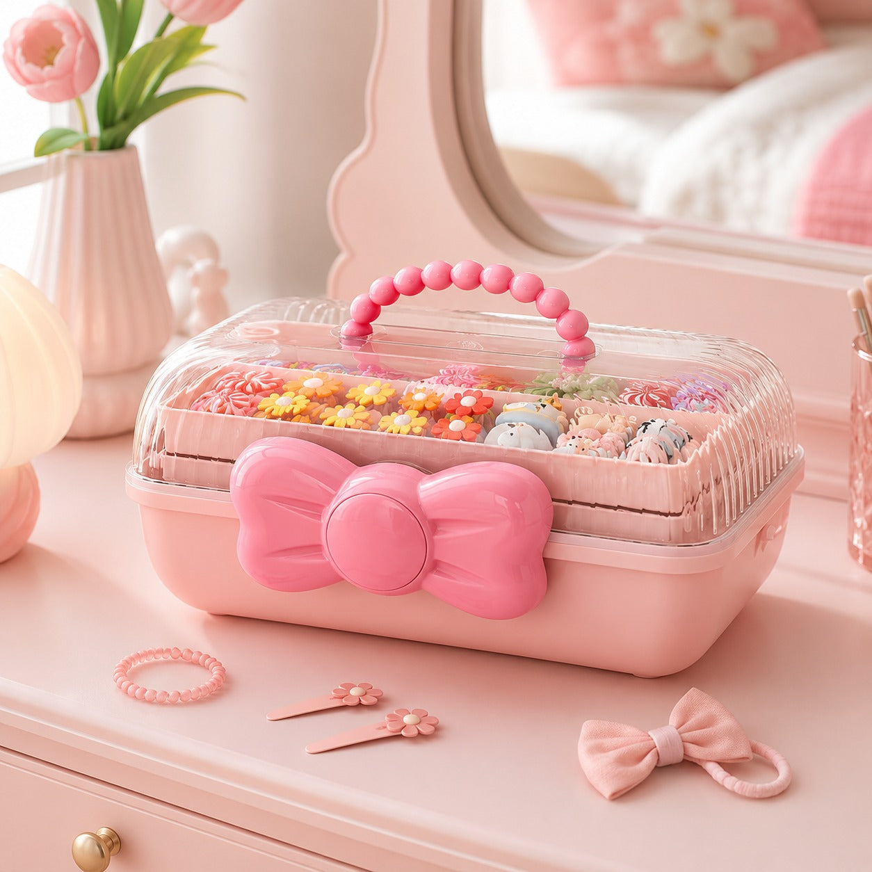 3-Tier Fold-Out Hair Accessory Organizer Box with Handle