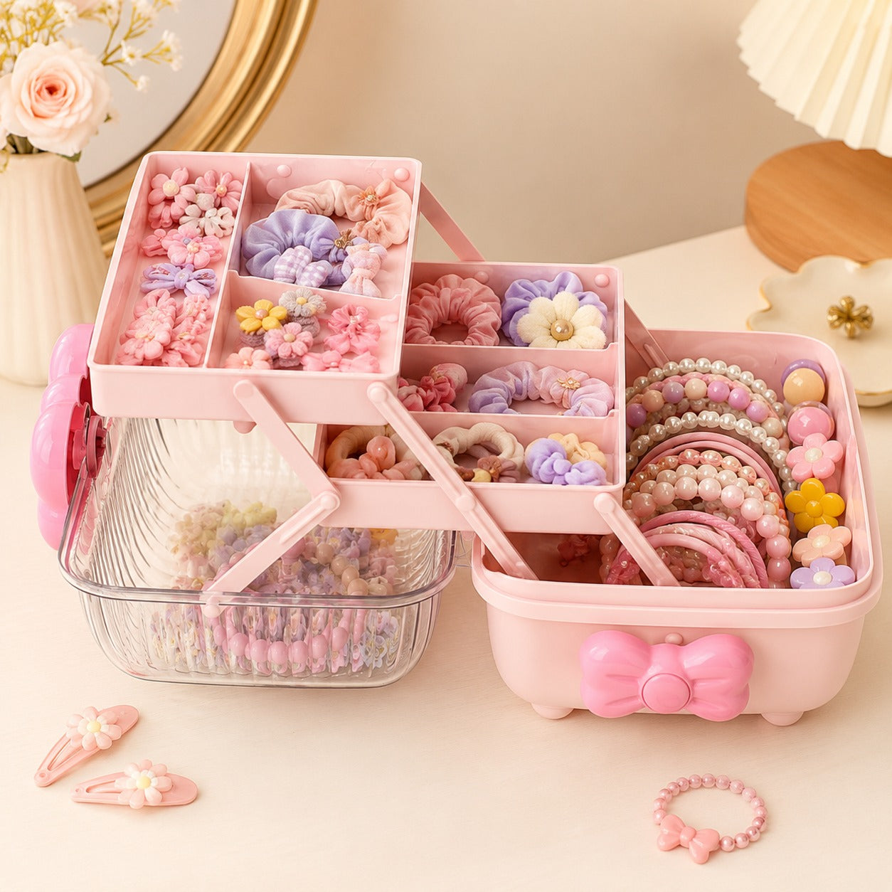 3-Tier Fold-Out Hair Accessory Organizer Box with Handle