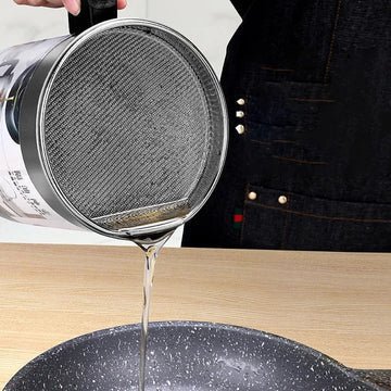 Stainless Steel Oil Filter Pot with Fine Mesh Strainer and Secure Lid