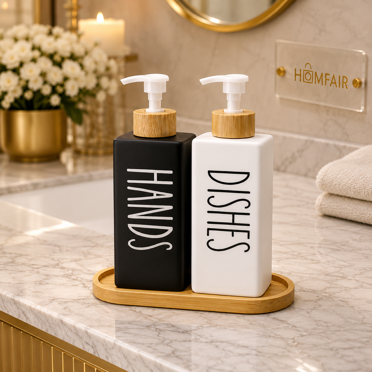 Soap Dispenser Set with Bamboo Tray – Hand & Dish Soap Organizer