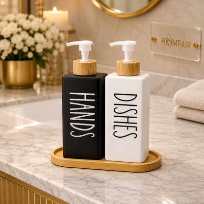 Soap Dispenser Set with Bamboo Tray – Hand & Dish Soap Organizer